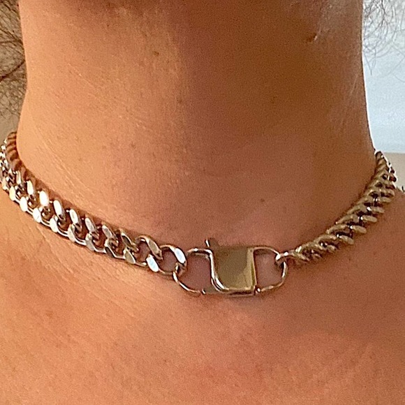 Silver Statement Cuban Chain Link Miami Safety Pin Choker Necklace - Picture 5 of 5